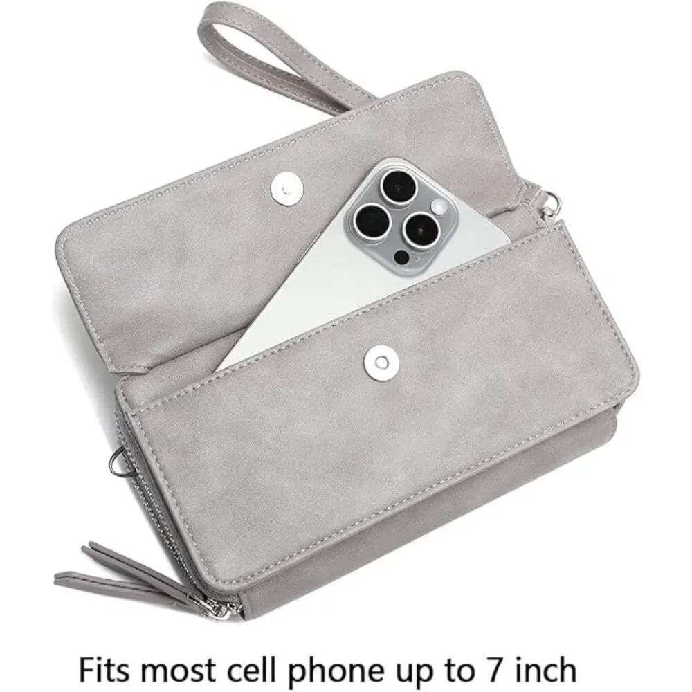 Women Grey Imported Faux Leather Crossbody Wallet With Phone Pocket Purse Bags - Picture 4 of 4